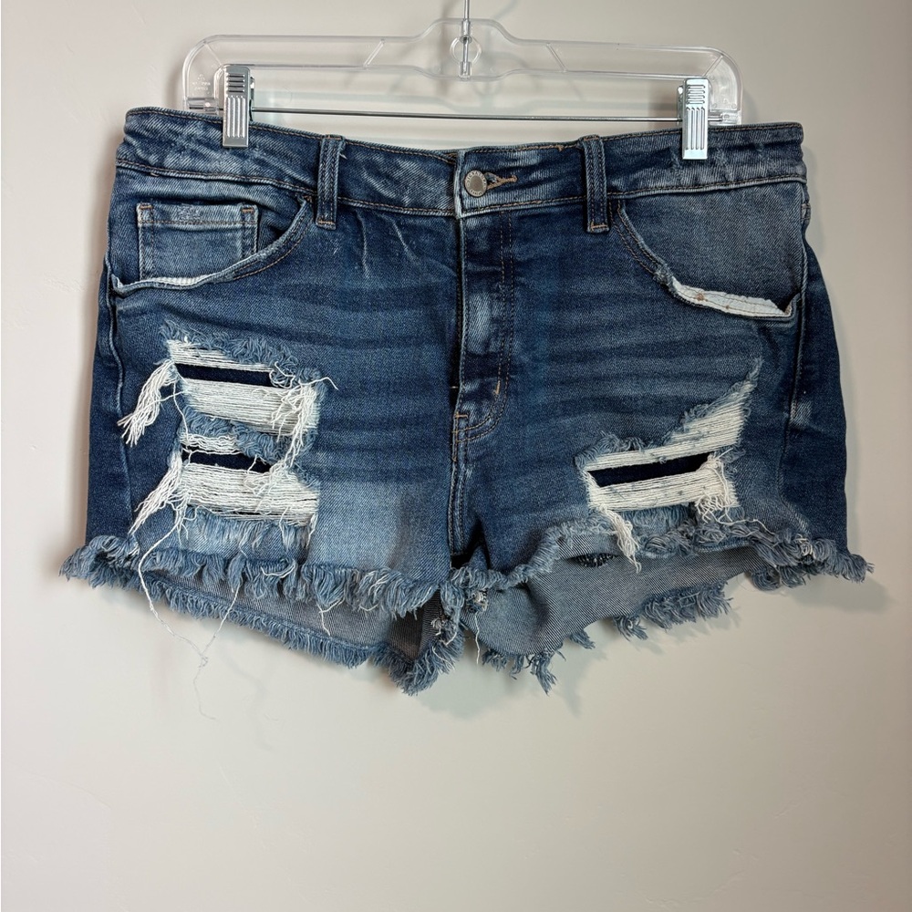 KanCan Distressed Dark Blue Denim Frayed Hem Shorts